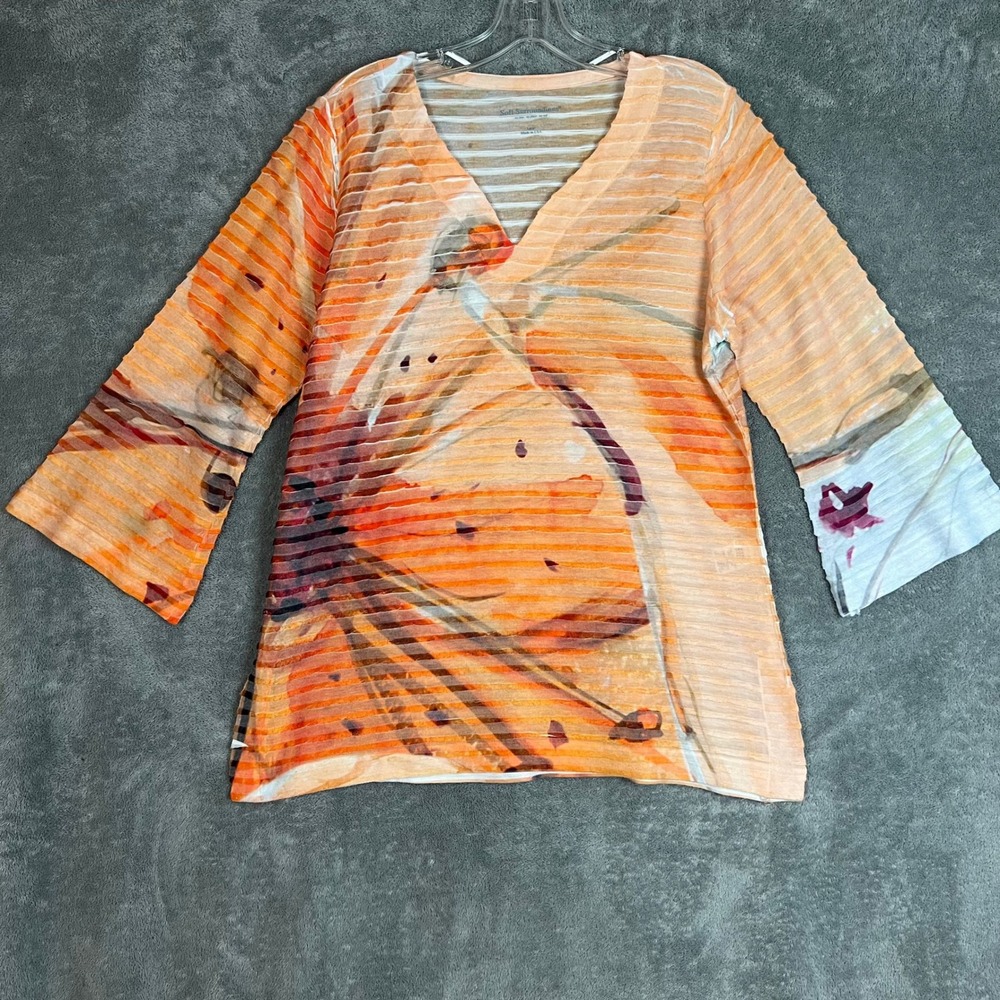 Soft Surroundings Blouse Womens L Orange‎ Floral Bell Sleeve Textured Boho USA